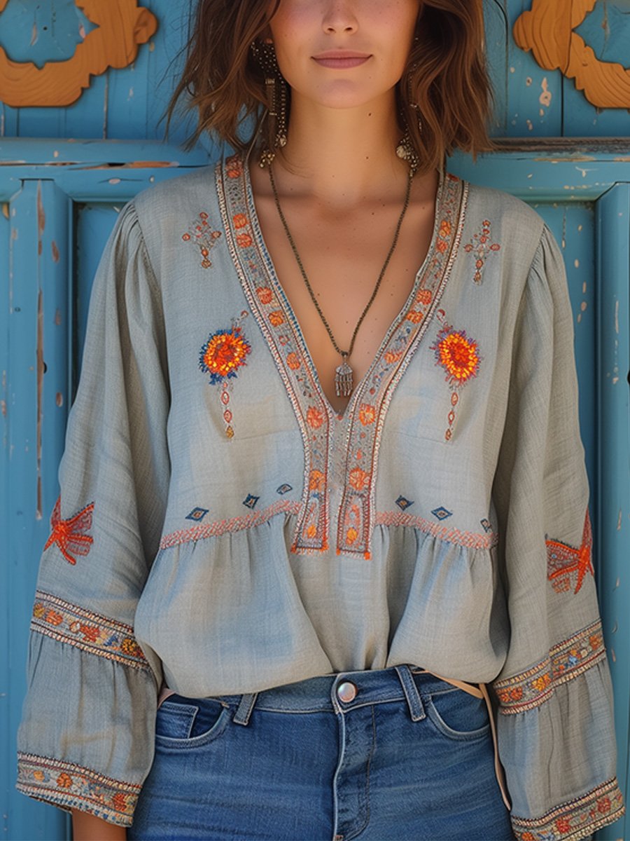Blusa Mujer de Algodón Bordado Escote en V Bohemio - Mavetta