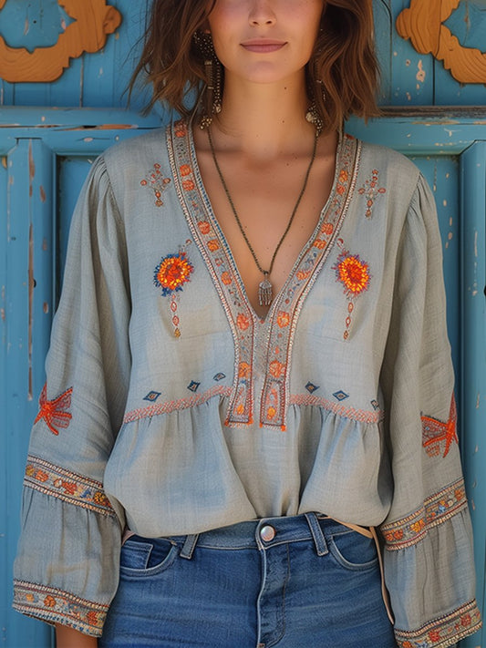 Blusa Mujer de Algodón Bordado Escote en V Bohemio - Mavetta