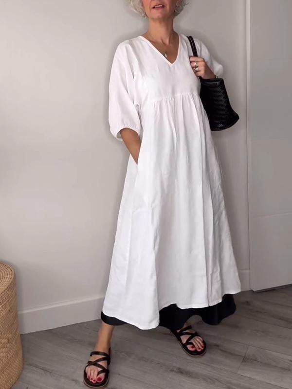 Vestido midi mujer con escote en V bolsillos y corte fluido