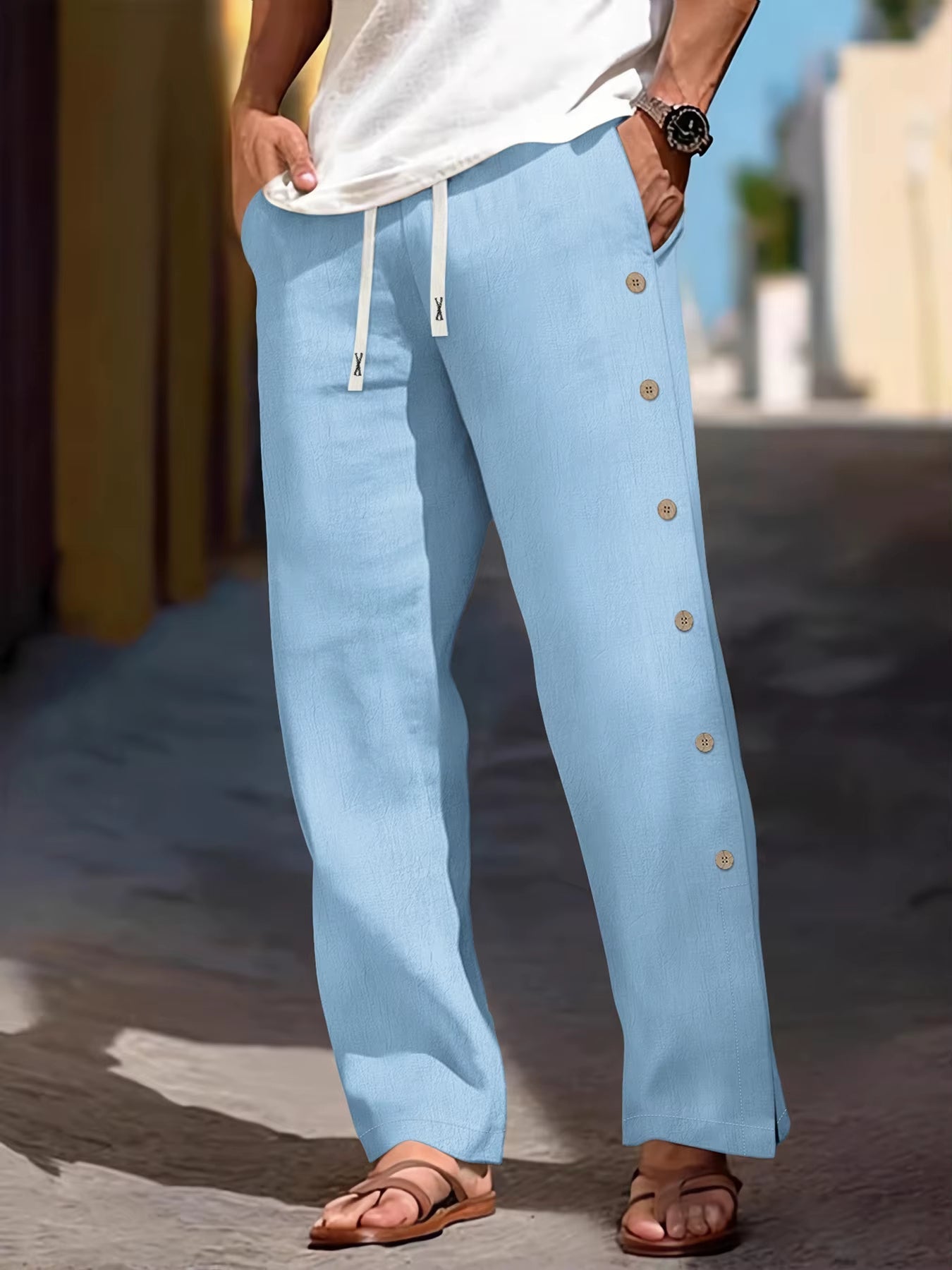 Pantalones Mujer de Lino Cintura Elástica Detalle Botones Laterales