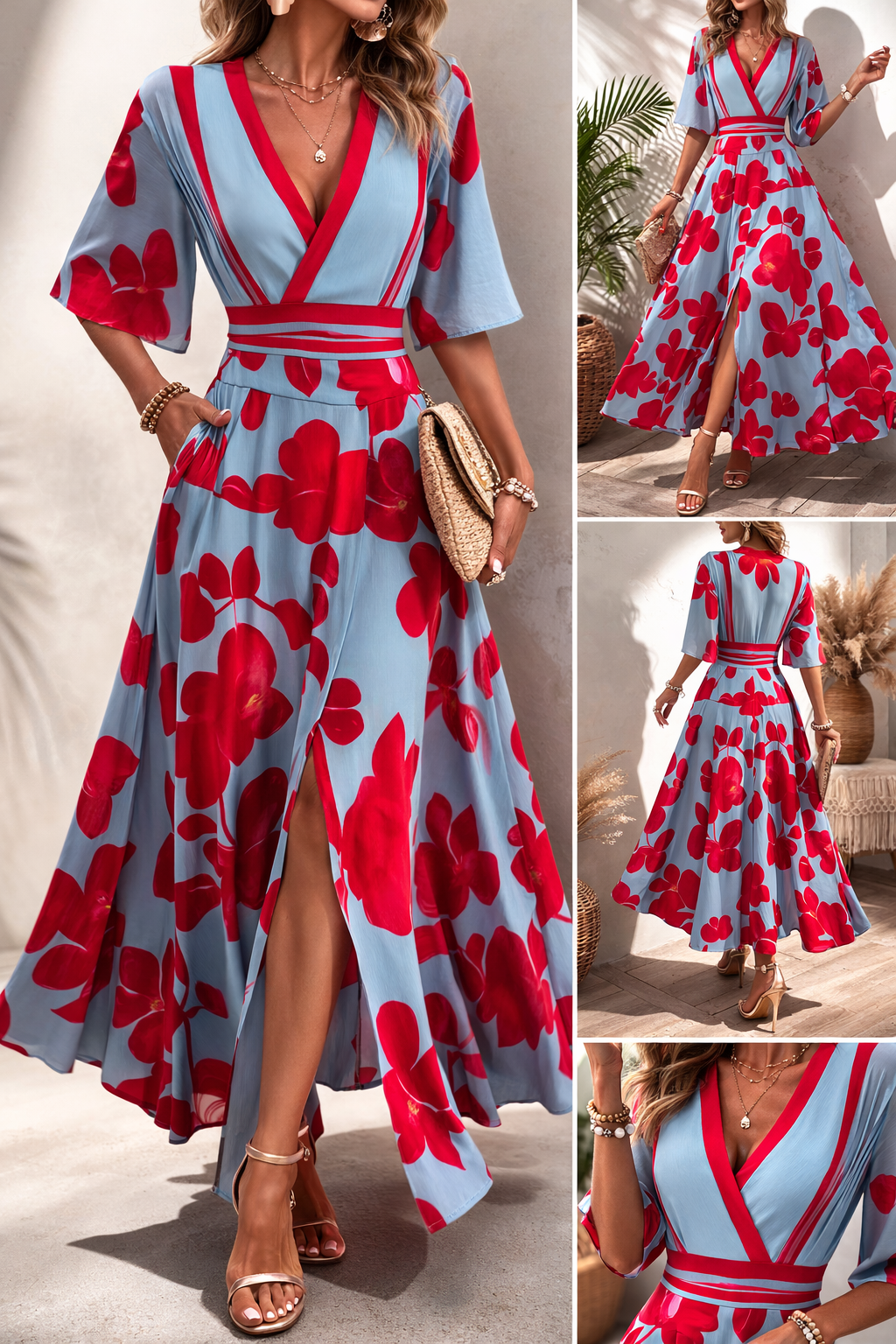 Vestido Largo Mujer Floral Tela Suave Escote en V Ajustable