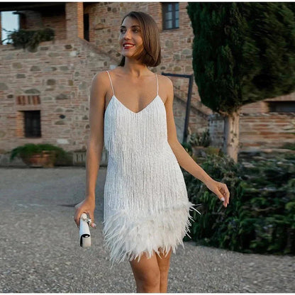 Vestido corto mujer de lentejuelas y plumas fiesta
