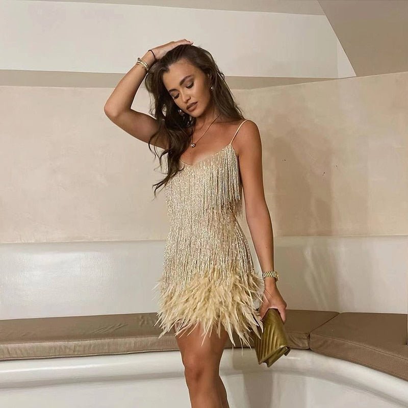 Vestido corto mujer de lentejuelas y plumas fiesta