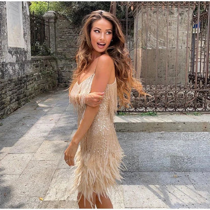 Vestido corto mujer de lentejuelas y plumas fiesta