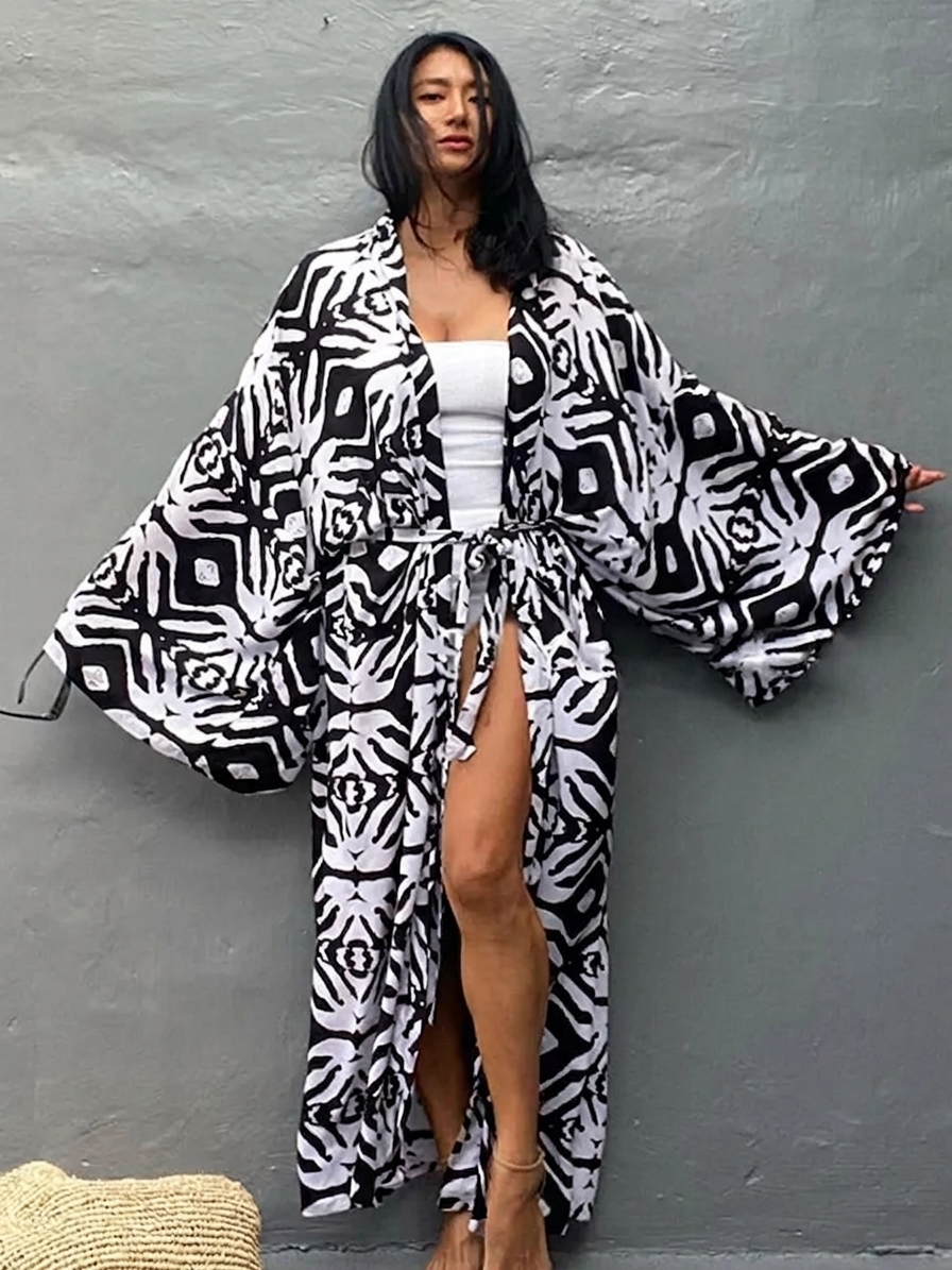 Kimono Largo Estampado Tie Dye Mujer Mangas Amplias