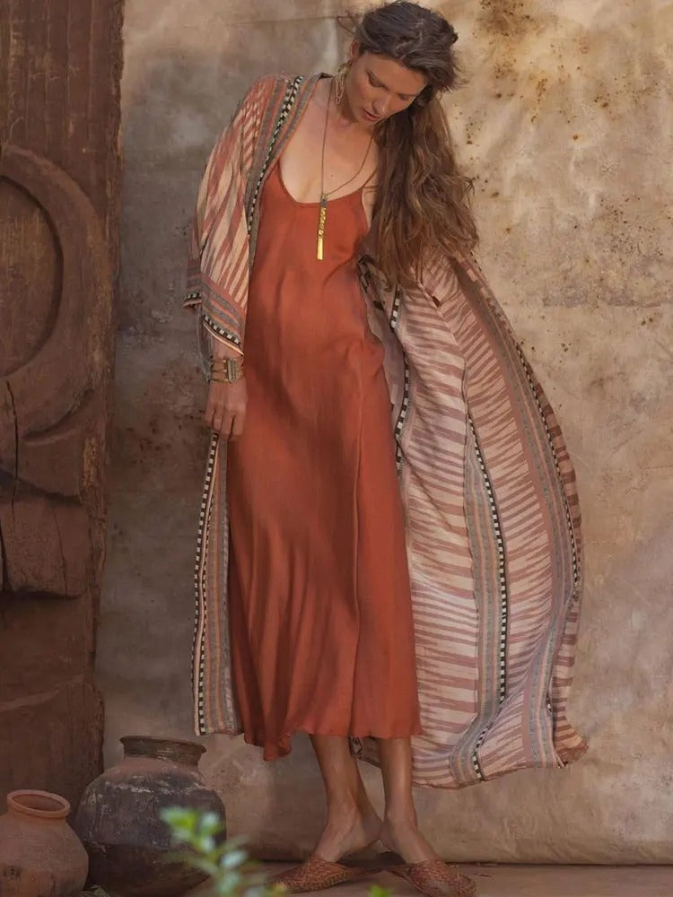 Kimono Largo Estampado Tie Dye Mujer Mangas Amplias
