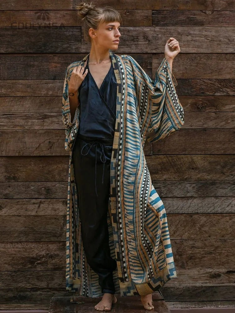 Kimono Largo Estampado Tie Dye Mujer Mangas Amplias
