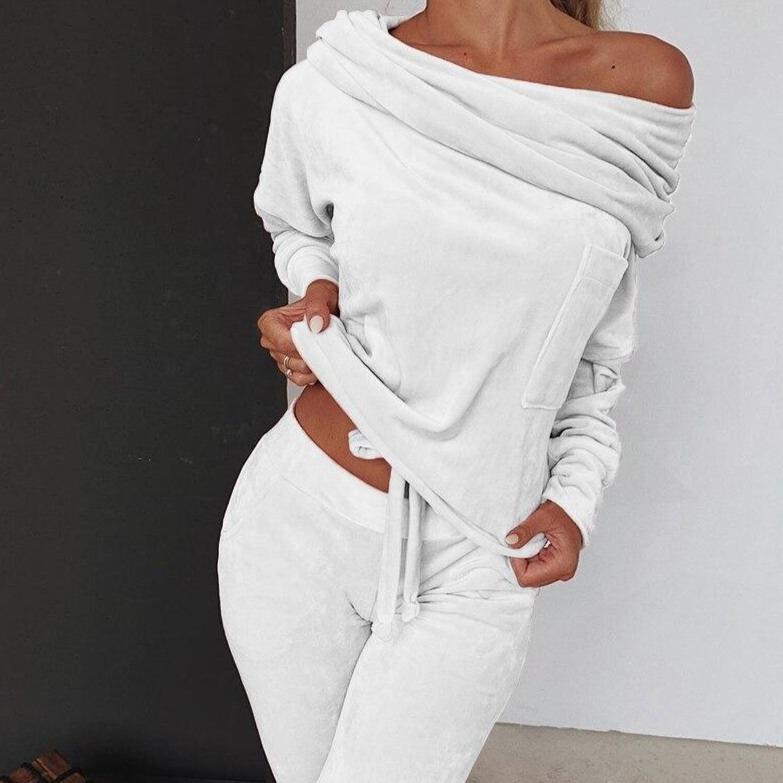Conjunto Mujer Lounge Terciopelo Hombros Descubiertos Elegante