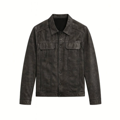 Chaqueta Trucker Hombre de Cuero Nappa Botones Cuello Camisa