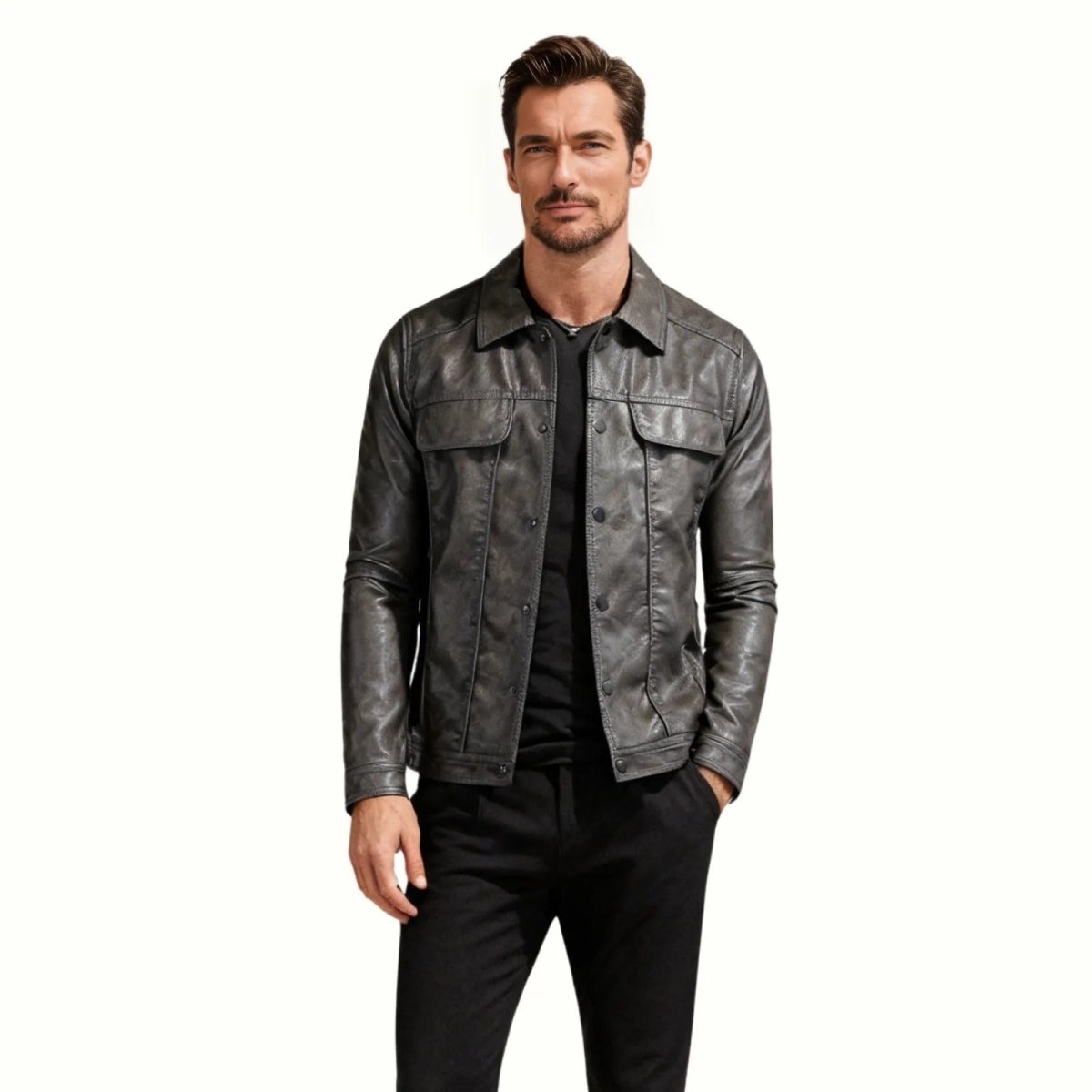 Chaqueta Trucker Hombre de Cuero Nappa Botones Cuello Camisa