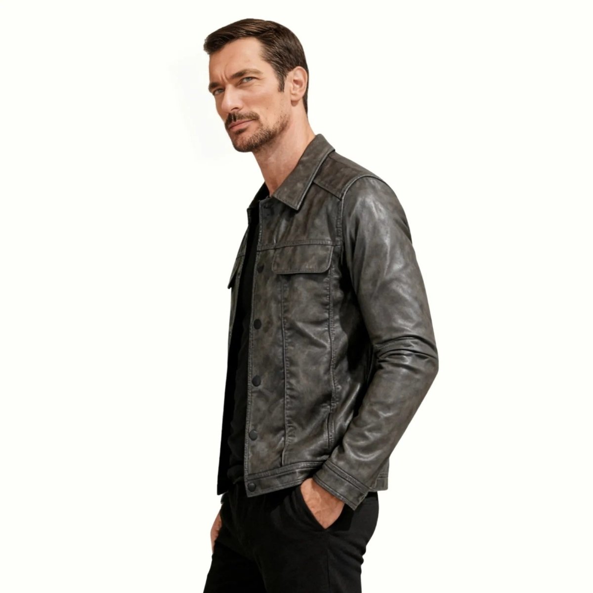 Chaqueta Trucker Hombre de Cuero Nappa Botones Cuello Camisa