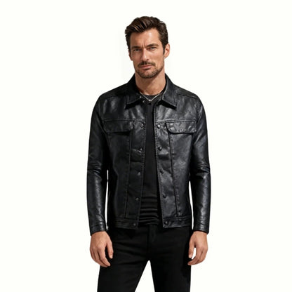 Chaqueta Trucker Hombre de Cuero Nappa Botones Cuello Camisa - Mavetta