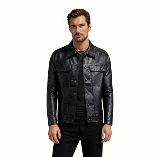 Chaqueta Trucker Hombre de Cuero Nappa Botones Cuello Camisa - Mavetta