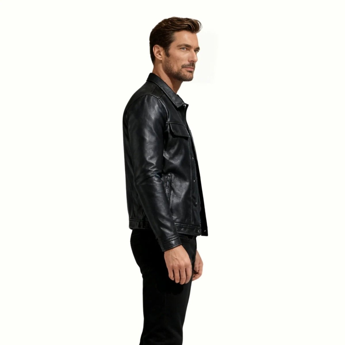 Chaqueta Trucker Hombre de Cuero Nappa Botones Cuello Camisa