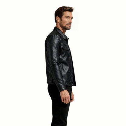 Chaqueta Trucker Hombre de Cuero Nappa Botones Cuello Camisa
