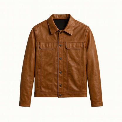 Chaqueta Trucker Hombre de Cuero Nappa Botones Cuello Camisa