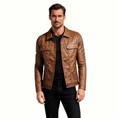 Chaqueta Trucker Hombre de Cuero Nappa Botones Cuello Camisa
