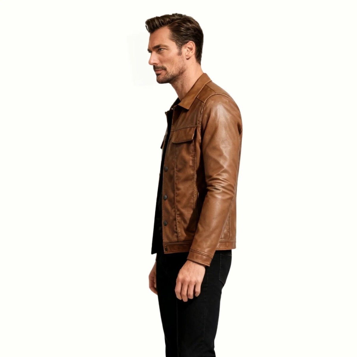 Chaqueta Trucker Hombre de Cuero Nappa Botones Cuello Camisa