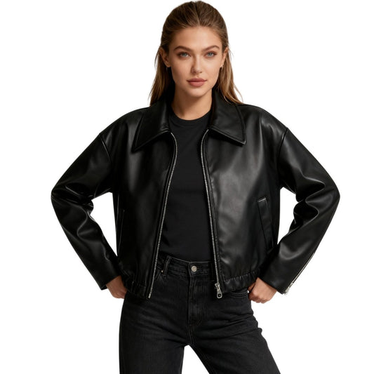 Cazadora Bomber Mujer Cuero Sintético Corte Corto Oversized - Mavetta
