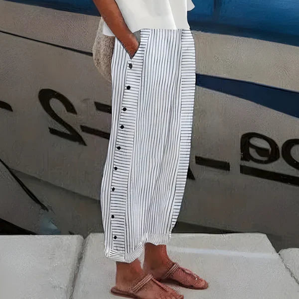 Pantalón recto Mujer con botones laterales y rayas