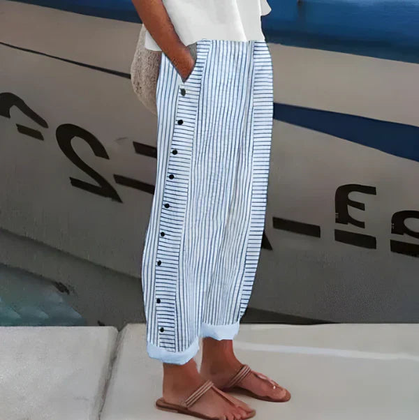 Pantalón recto Mujer con botones laterales y rayas
