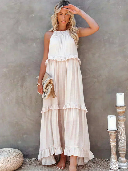 Vestido Largo Mujer con Volantes Cuello Alto Sin Mangas - Mavetta