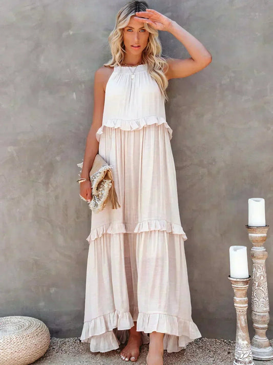 Vestido Largo Mujer con Volantes Cuello Alto Sin Mangas - Mavetta