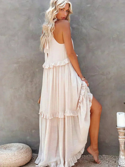 Vestido Largo Mujer con Volantes Cuello Alto Sin Mangas