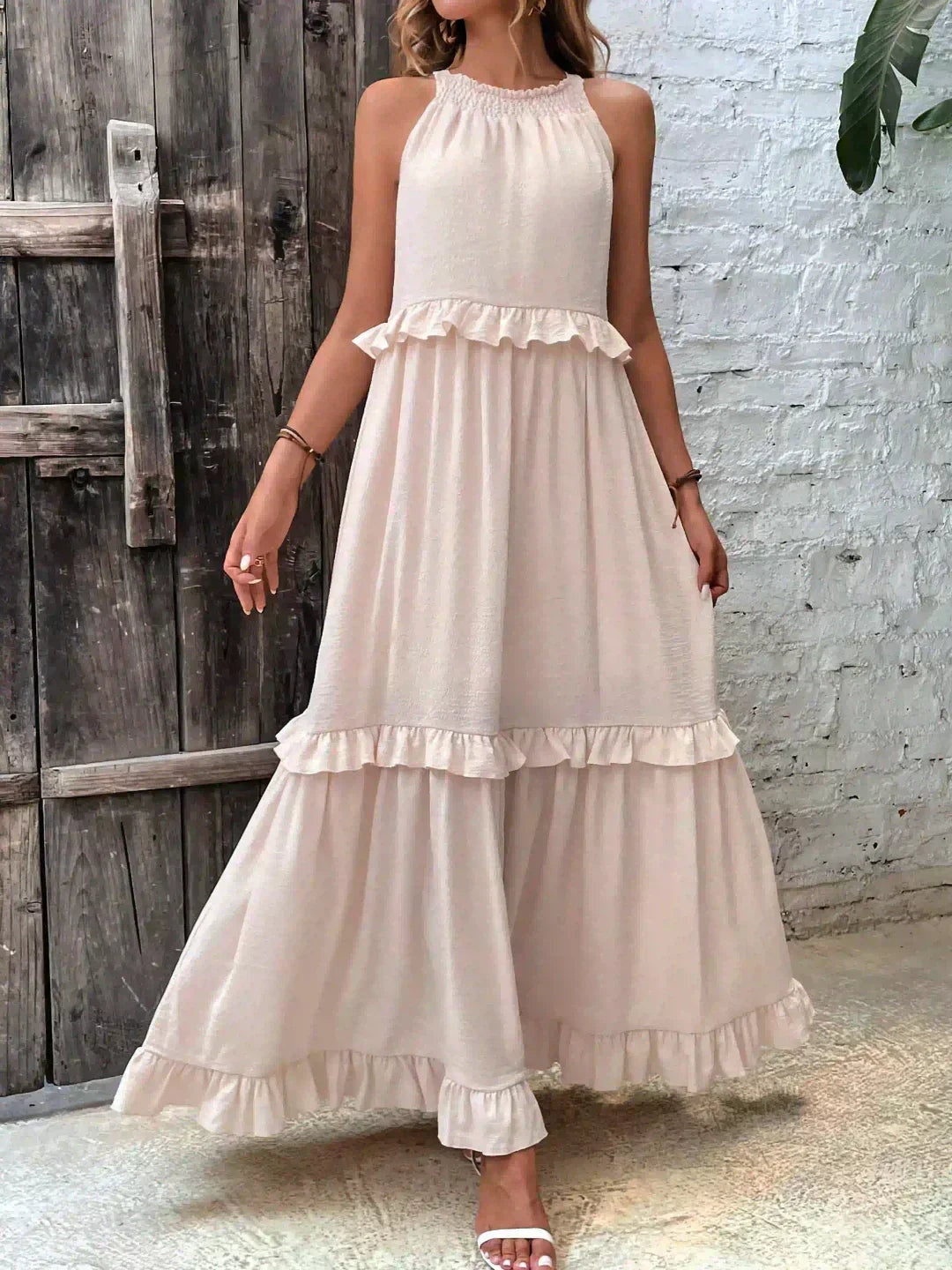 Vestido Largo Mujer con Volantes Cuello Alto Sin Mangas
