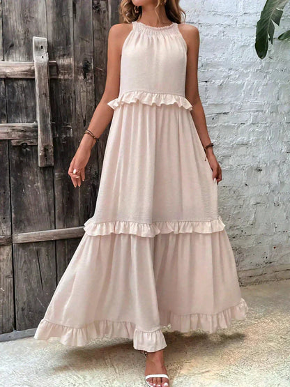 Vestido Largo Mujer con Volantes Cuello Alto Sin Mangas