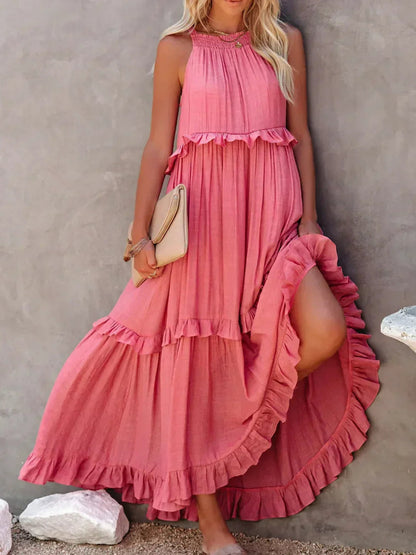 Vestido Largo Mujer con Volantes Cuello Alto Sin Mangas