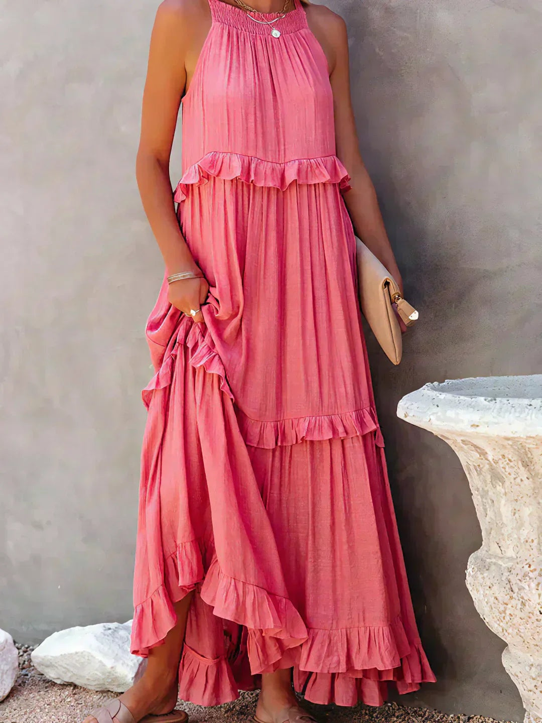Vestido Largo Mujer con Volantes Cuello Alto Sin Mangas