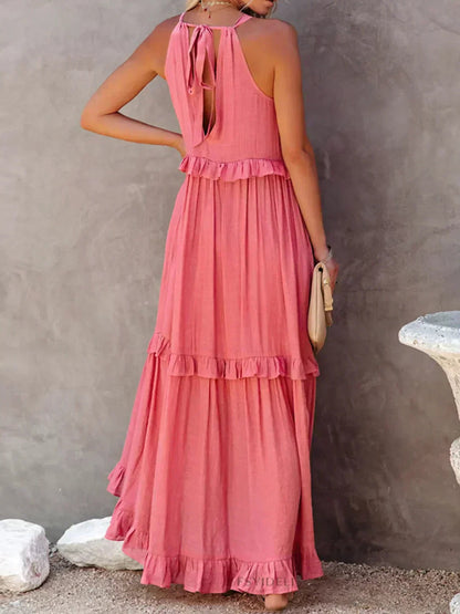 Vestido Largo Mujer con Volantes Cuello Alto Sin Mangas