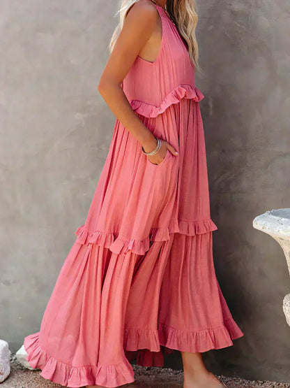 Vestido Largo Mujer con Volantes Cuello Alto Sin Mangas