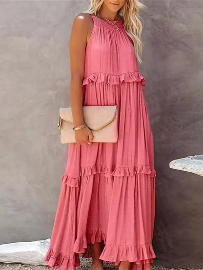 Vestido Largo Mujer con Volantes Cuello Alto Sin Mangas