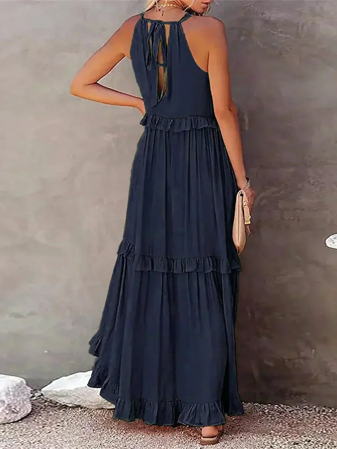 Vestido Largo Mujer con Volantes Cuello Alto Sin Mangas