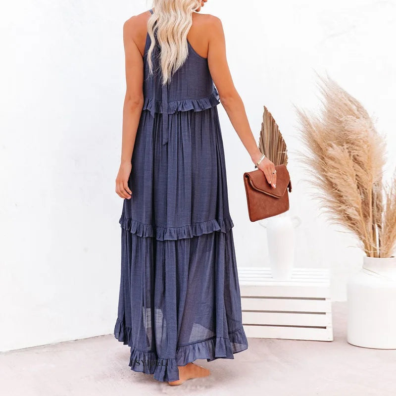 Vestido Largo Mujer con Volantes Cuello Alto Sin Mangas
