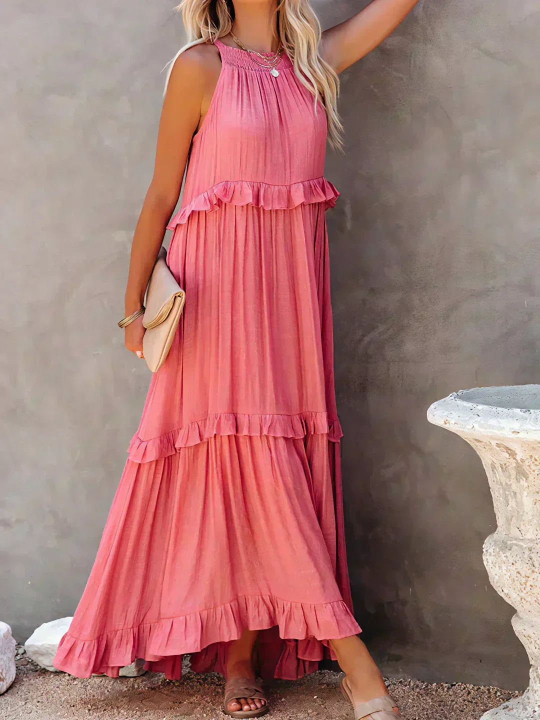 Vestido Largo Mujer con Volantes Cuello Alto Sin Mangas
