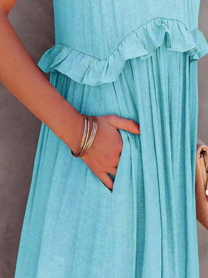 Vestido Largo Mujer con Volantes Cuello Alto Sin Mangas