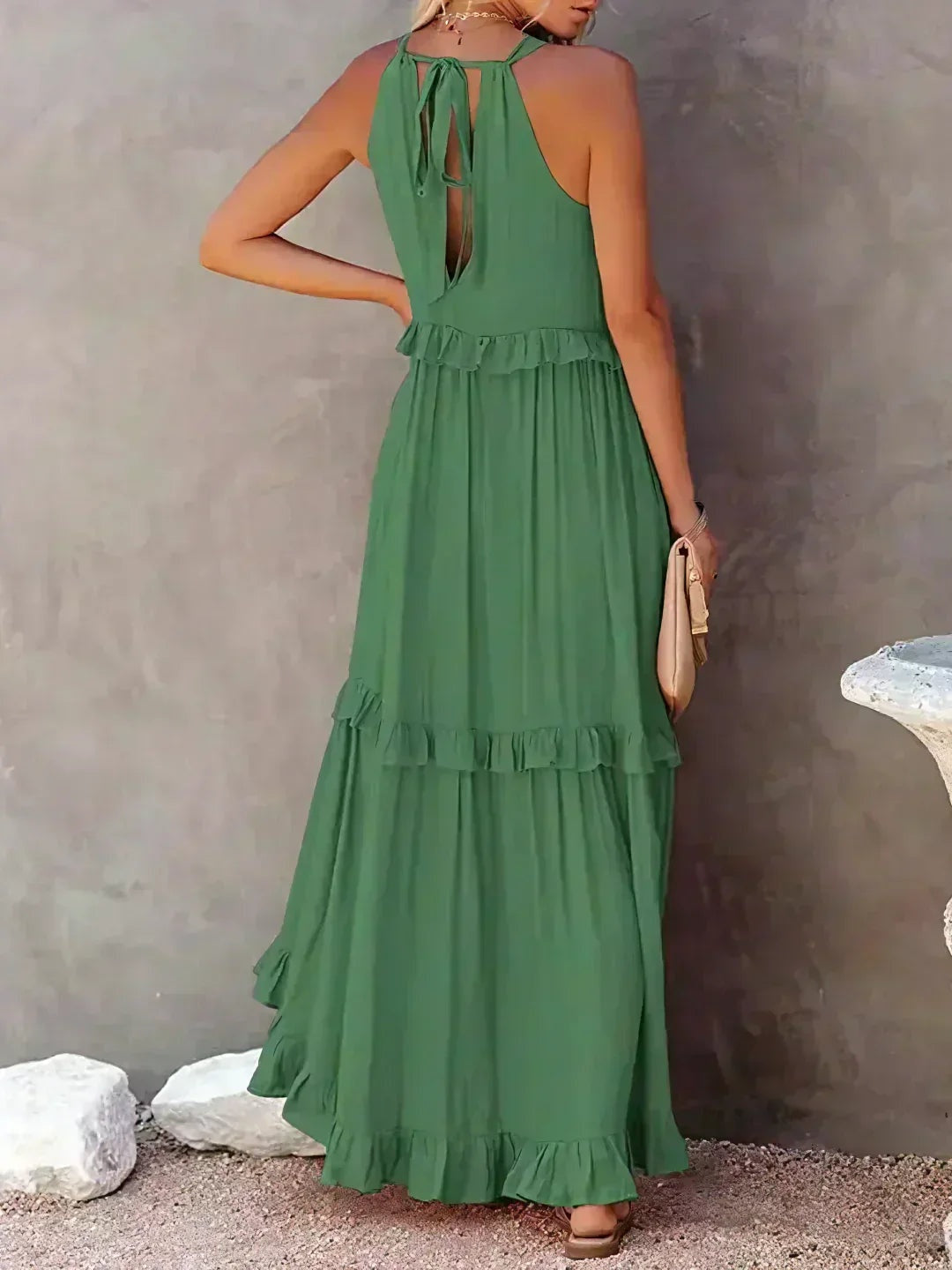 Vestido Largo Mujer con Volantes Cuello Alto Sin Mangas
