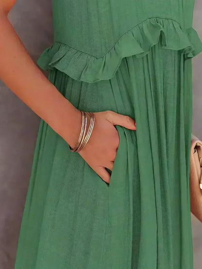 Vestido Largo Mujer con Volantes Cuello Alto Sin Mangas