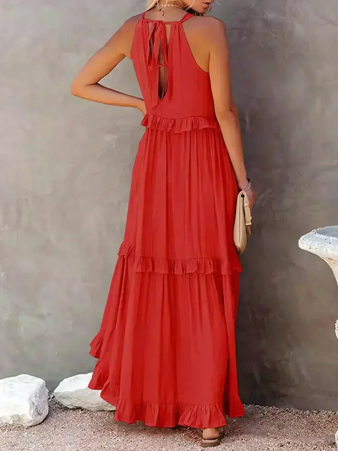 Vestido Largo Mujer con Volantes Cuello Alto Sin Mangas