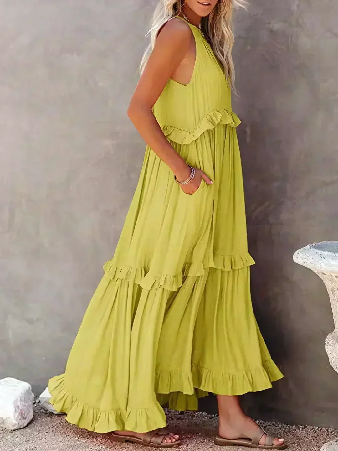 Vestido Largo Mujer con Volantes Cuello Alto Sin Mangas