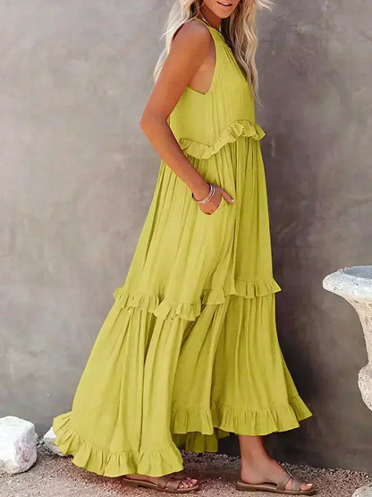 Vestido Largo Mujer con Volantes Cuello Alto Sin Mangas