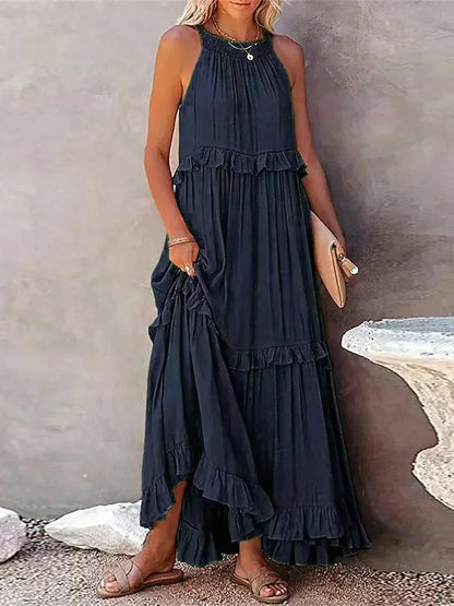Vestido Largo Mujer con Volantes Cuello Alto Sin Mangas