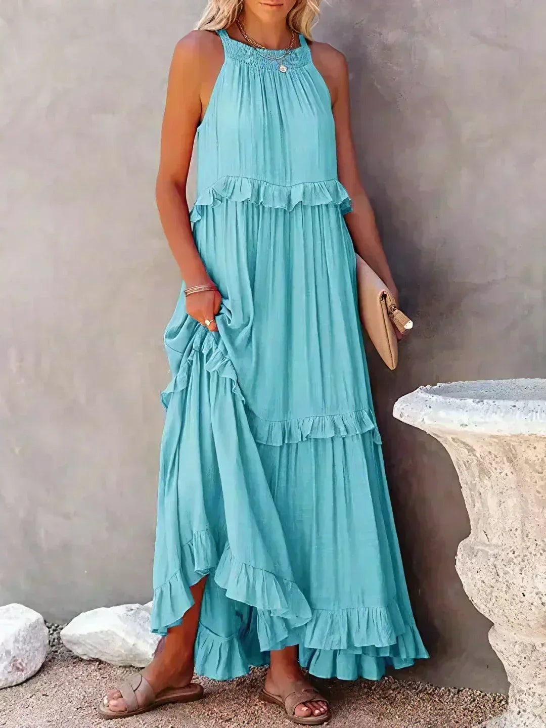 Vestido Largo Mujer con Volantes Cuello Alto Sin Mangas