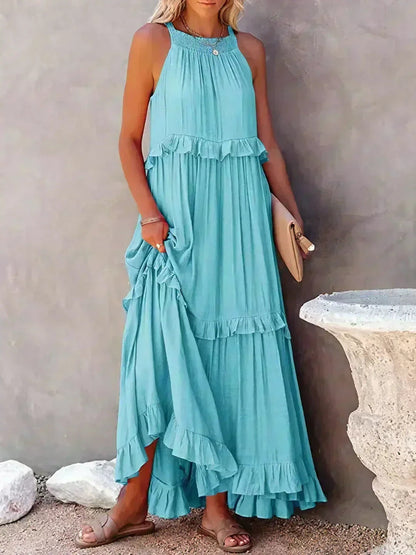 Vestido Largo Mujer con Volantes Cuello Alto Sin Mangas