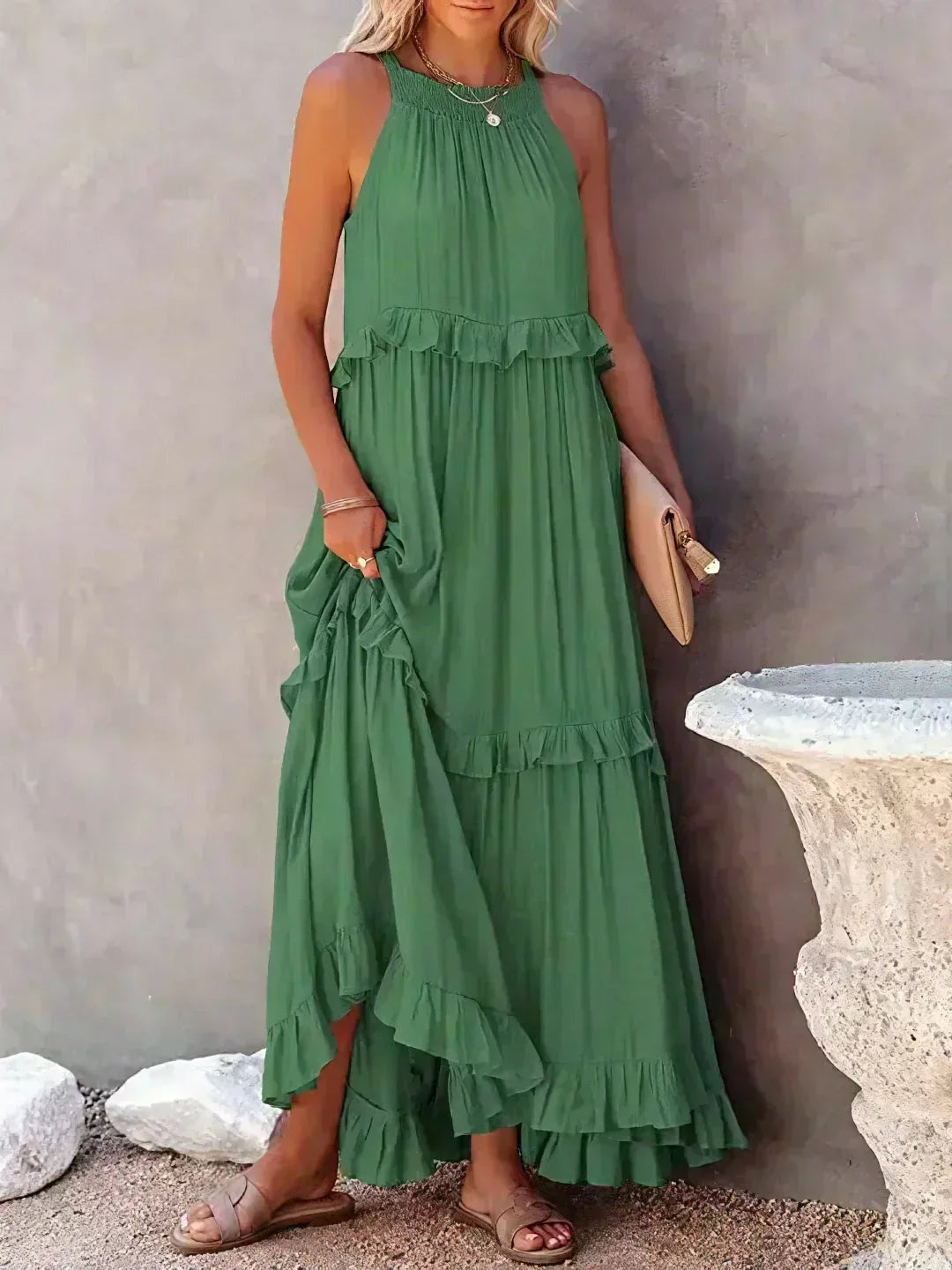 Vestido Largo Mujer con Volantes Cuello Alto Sin Mangas