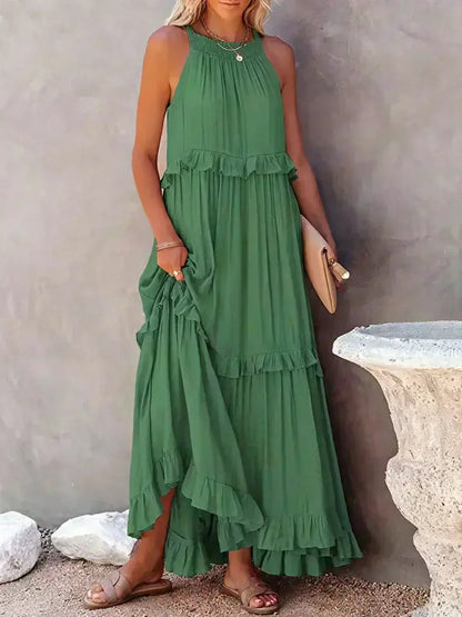 Vestido Largo Mujer con Volantes Cuello Alto Sin Mangas