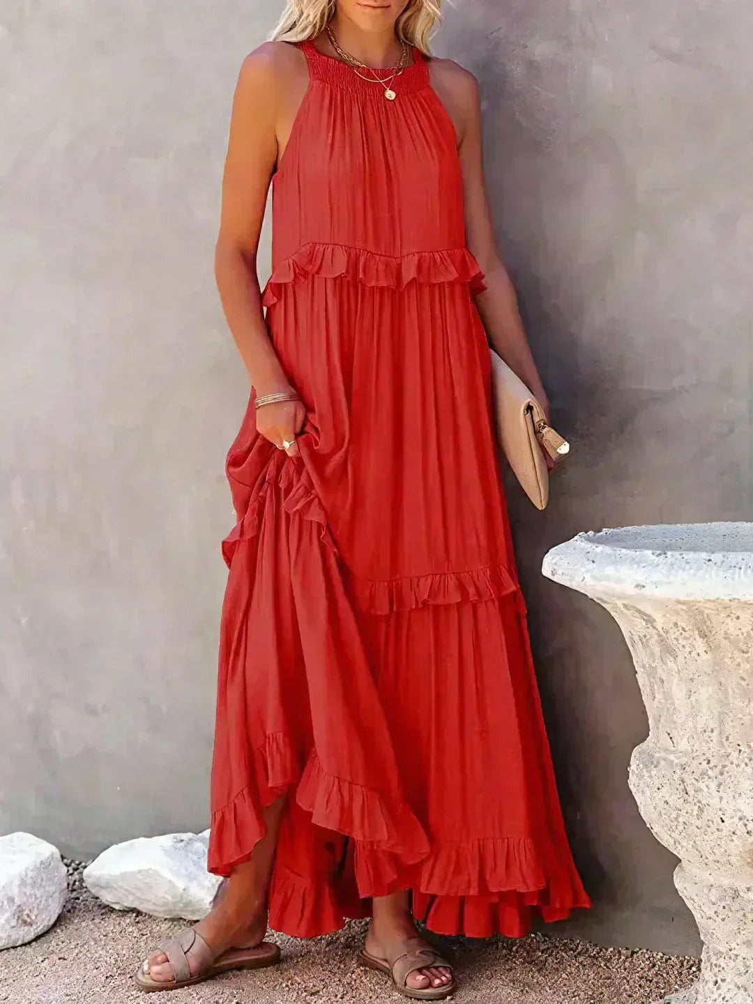 Vestido Largo Mujer con Volantes Cuello Alto Sin Mangas